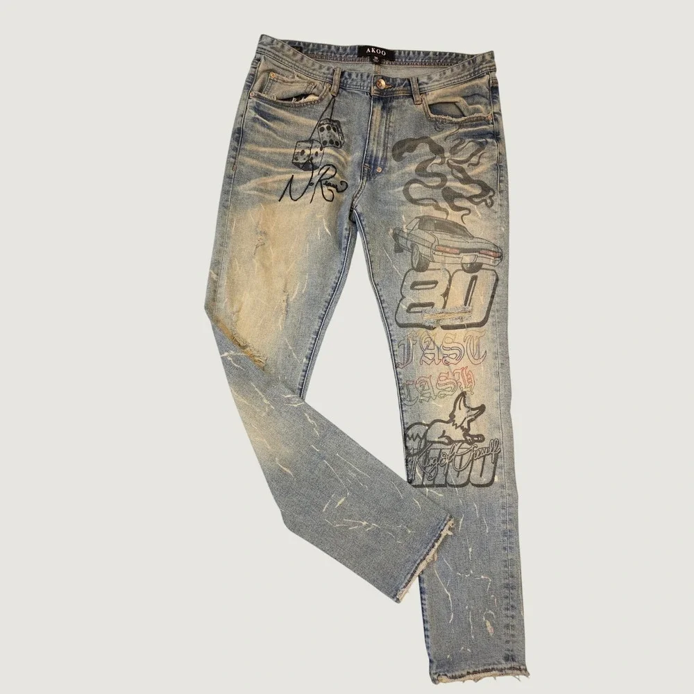 AKOO Mens No Rivals Graphic Distressed Slim Jeans Light Wash Blue Size 36 x 32